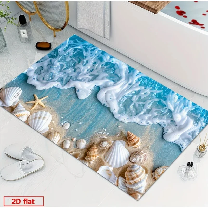 VIKAMA Non-Slip Seashell Door Mat, Washable Nautical Entrance Rug, Blue White Coastal Mat for Front Door Home