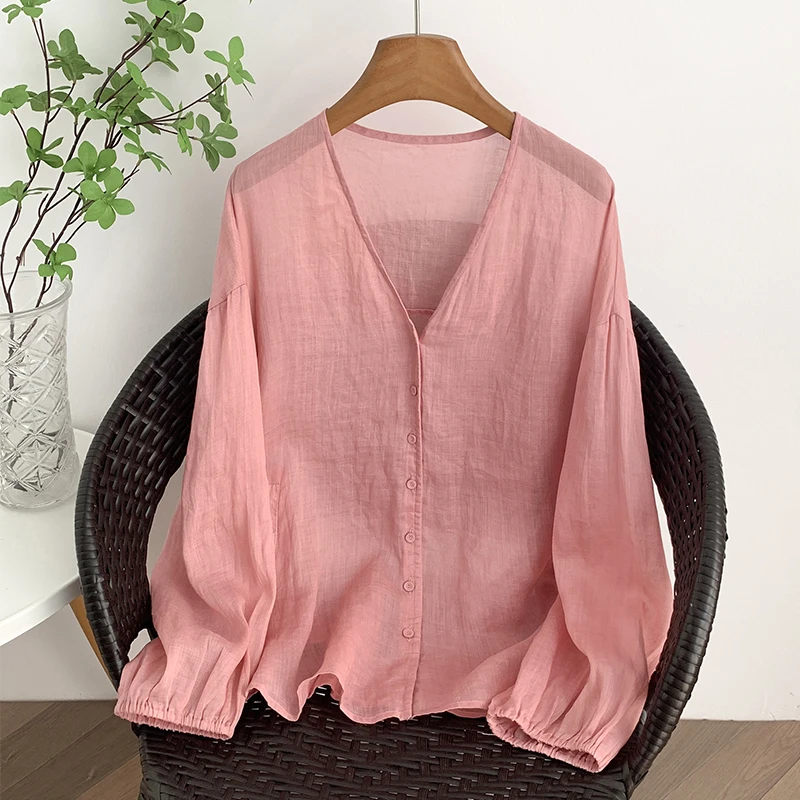 

Style Loose Long Sleeve V-Neck Button up Shirt Pink Women's Casual Fashion Autumn New Arrival Top Cotton Material