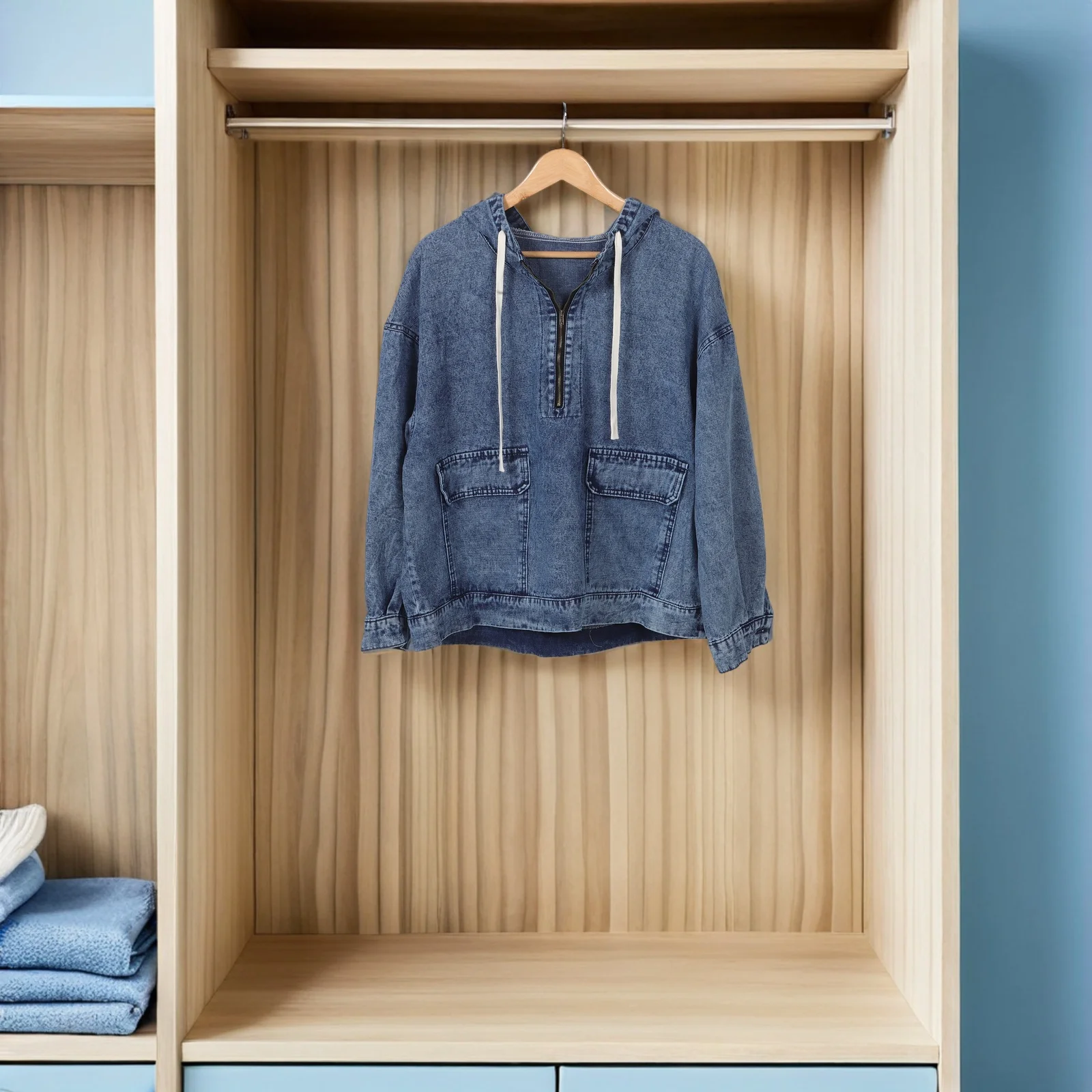 

Oversized Hooded Denim Jacket Women Long Sleeve Comfort Fit Blue Jean Jacket Hoodie Casual Streetwear Outerwear For Spring