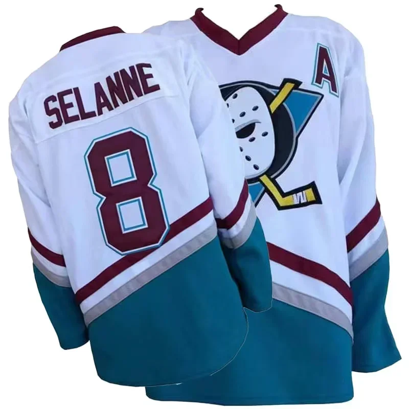 White Mighty Ducks Ice Hockey Jerseys 8 SELANNE Mens Ice Hockey Jersey Stitched