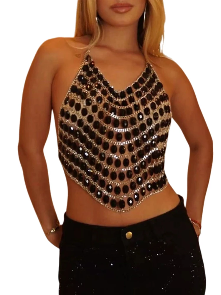 

Черный жилет с камнями, светящийся, для фестивалей, укороченный, женский, модный, для повседневной носки, приталенный, короткий топ-рубашка