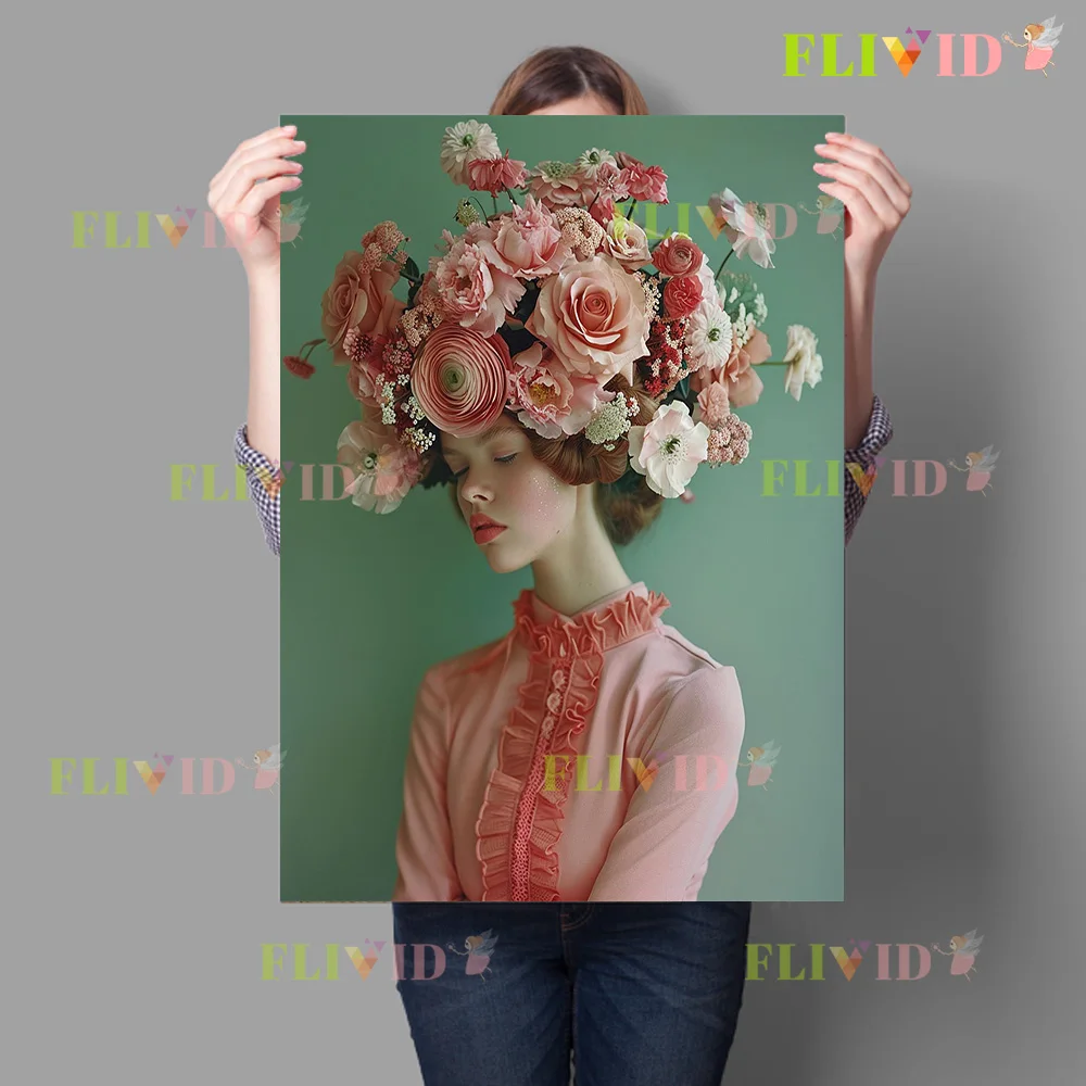 Vintage Floral Crown Portrait Art Prints Dreamy Pink Flower Head Fashion Canvas Posters Boho Style Wall Decor for Studio Cafe