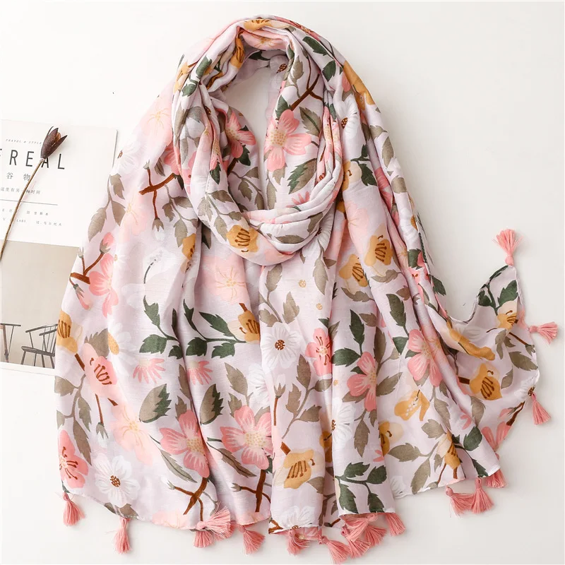 New Women\'s White Color Big Floral Printed with Tassel Scarf Cotton Soft Feeling Viscose Hijabs Scarves Wraps Stoles Shawls