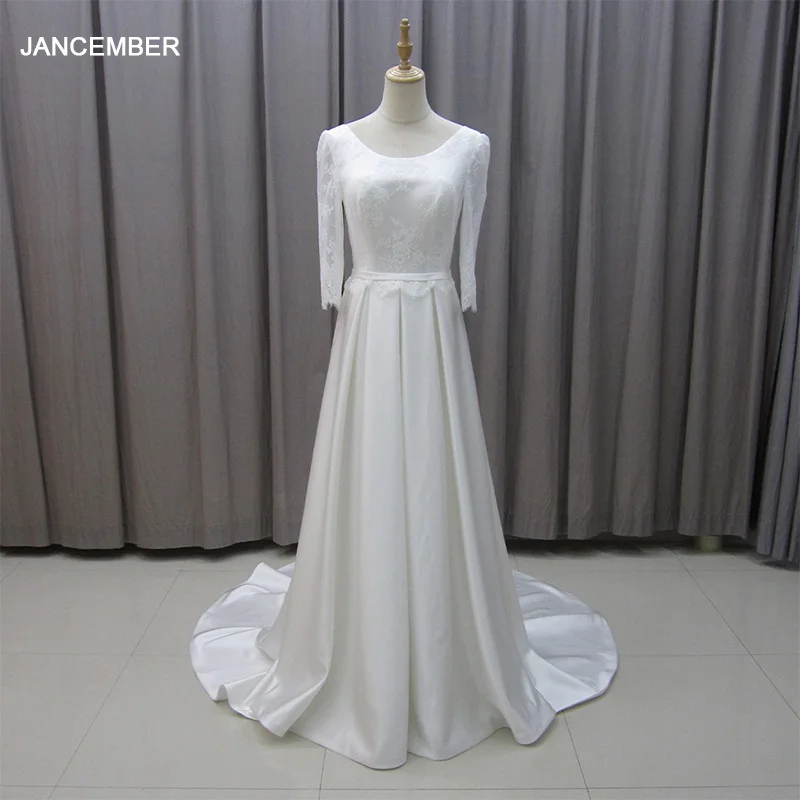 Jancember Elegant Satin Bridal Gown O Neck Wedding Dresses Backless A-line Long Dresses For Bride vestidos de noche MZ2319