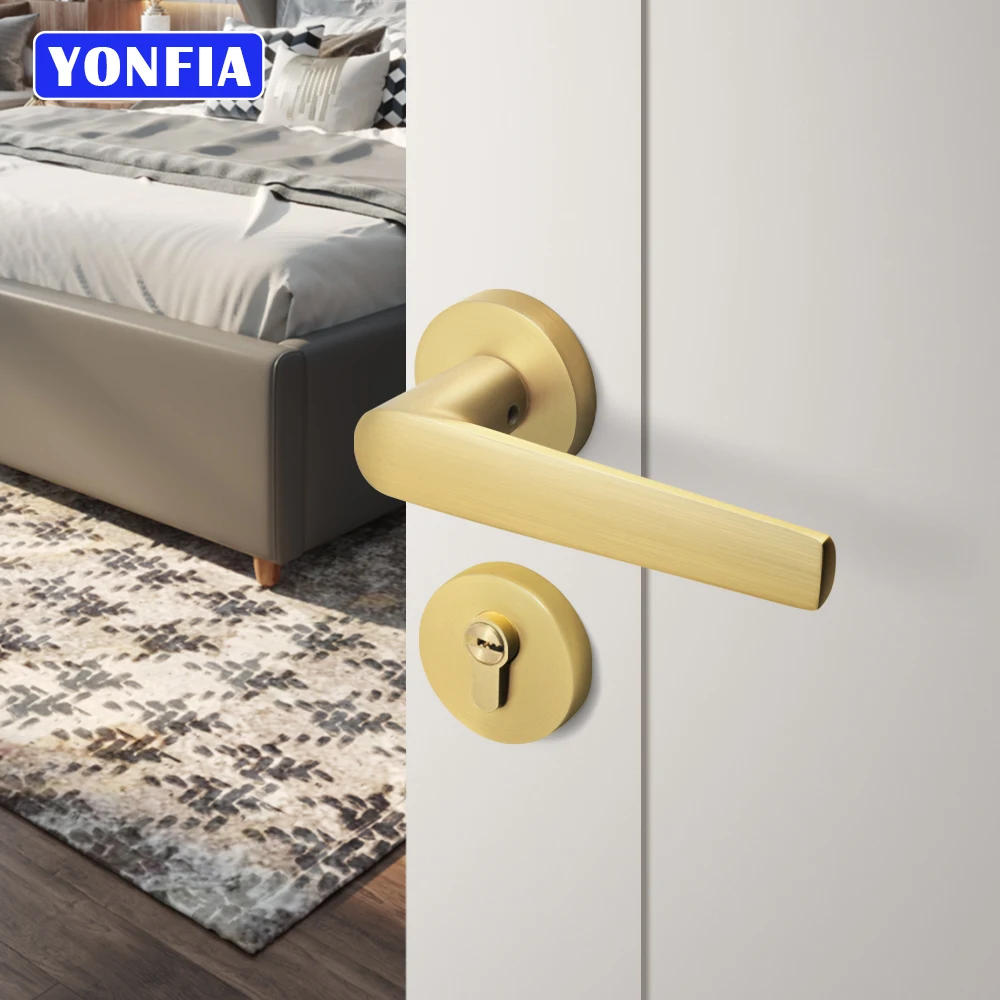 

YONFIA A8217R01 Solid Aluminium Gold Home Bedroom Interior Door Lock Handle Bathroom Lever Door Handle Lock Black For Wood Door