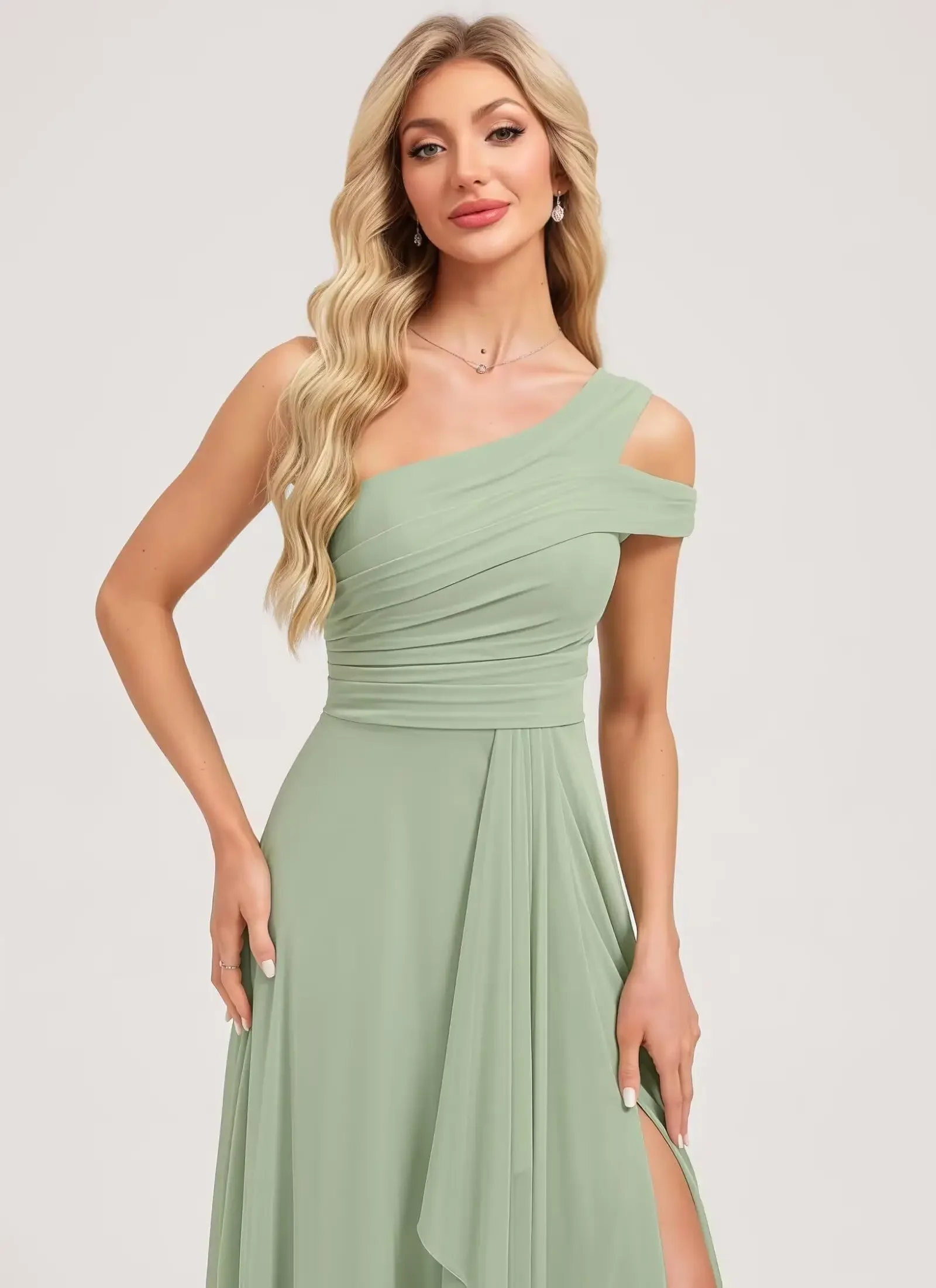 Abiti da damigella d'onore a pieghe monospalla da donna lunghi con abito formale in chiffon senza maniche con spacco a volant Abiti da damigella d'onore