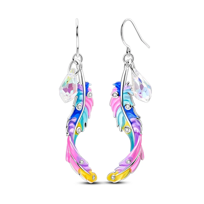 

925 Sterling Silver Earrings Women Colorful Feather Drop Earring For Anniversary Wedding Jewelry Gifts