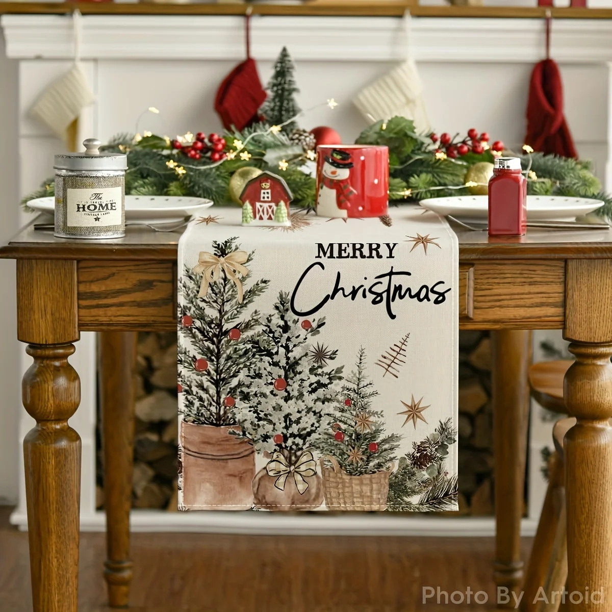 1 Piece of Retro Pastoral Christmas Table Flag, Light-Painted Potted Christmas Tree with Star Hangings, Suitable for Christmas Family Dinners, Pastoral Style B&Bs, Literary Cafes, Holiday Parties, Home Decorations, Handicraft Markets, Girlfriends' Tea Parties, Creative Studios