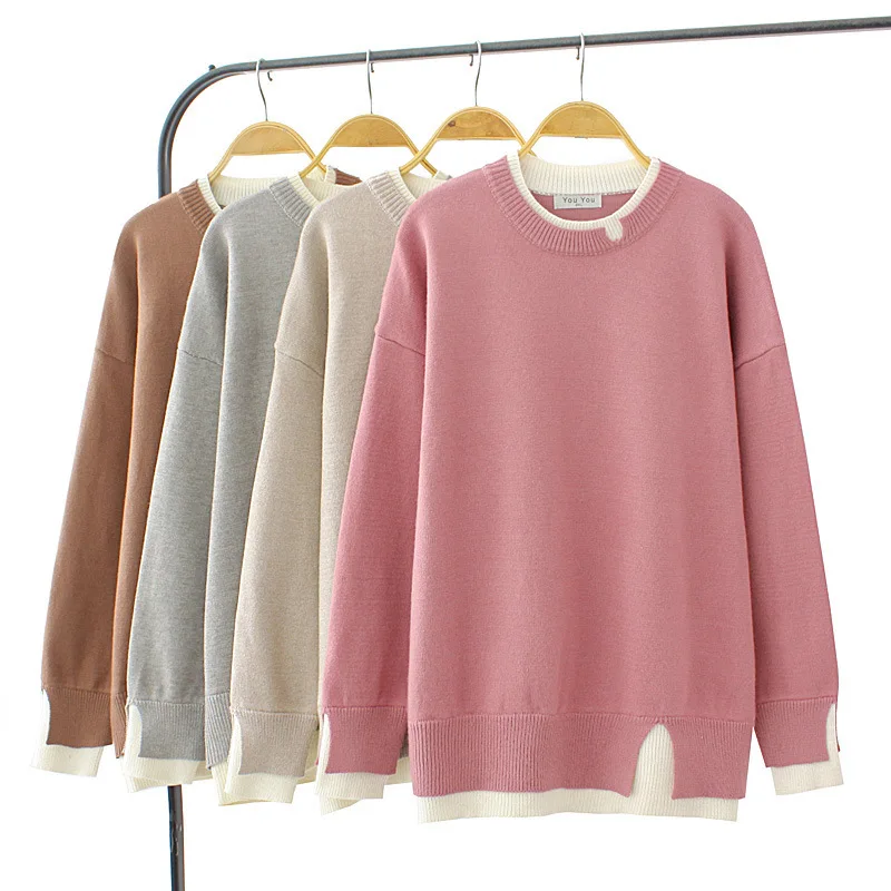 Drop Sleeves O-Neck Sweater Plus Size Women Clothing Autumn Winter Block Color Fake Two Pieces Knitted Pullover Jumpers E2 3069