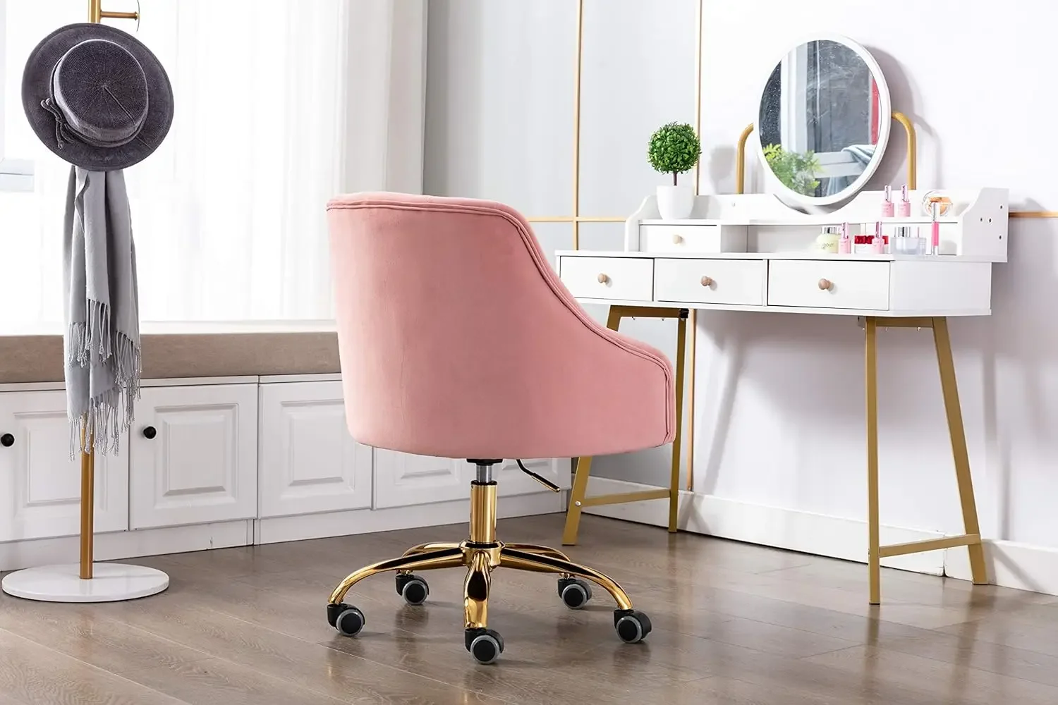 Comfy Home Office Task Chair with Wheels, Cute Modern Upholstered Velvet Seashell Back Adjustable Swivel Vanity Desk Chai
