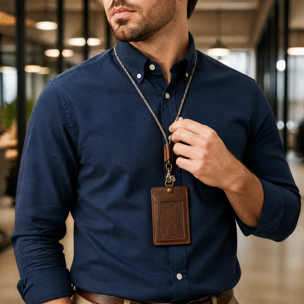 Vintage Waxed Leather ID Badge Holder Premium Leather Distressed Leather Neck Lanyard Card Pouch Protective Sleeve Snug Fit