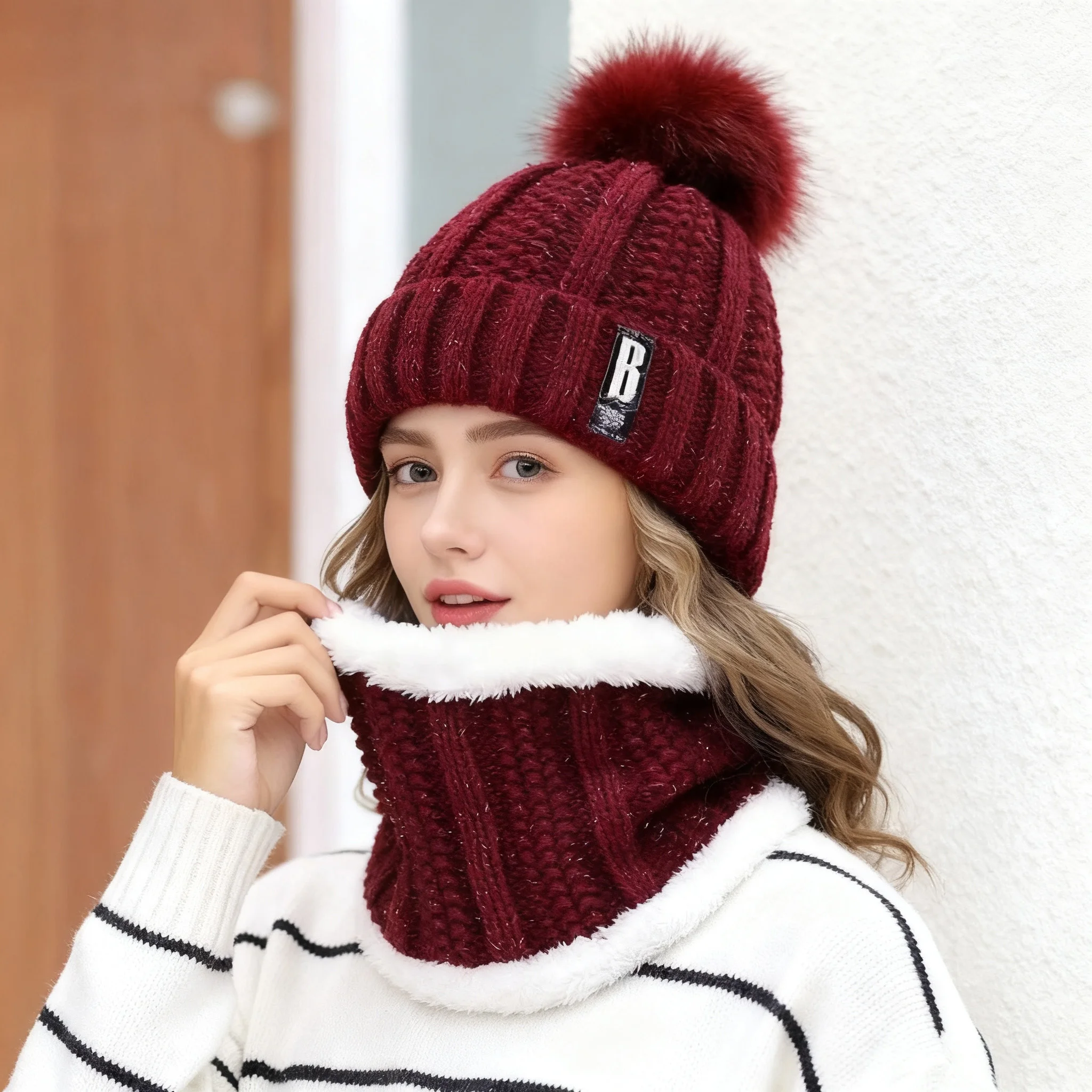 Conjunto de gorro e bufanda de punto grueso para mujer, lana de invierno, cálido