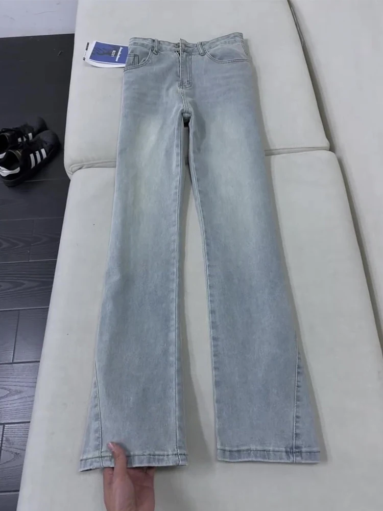 

Светло-голубые мужские джинсы прямого кроя Slim Fit, летние, в стиле High Street, зауженные, с эластичным поясом, повседневные, из денима