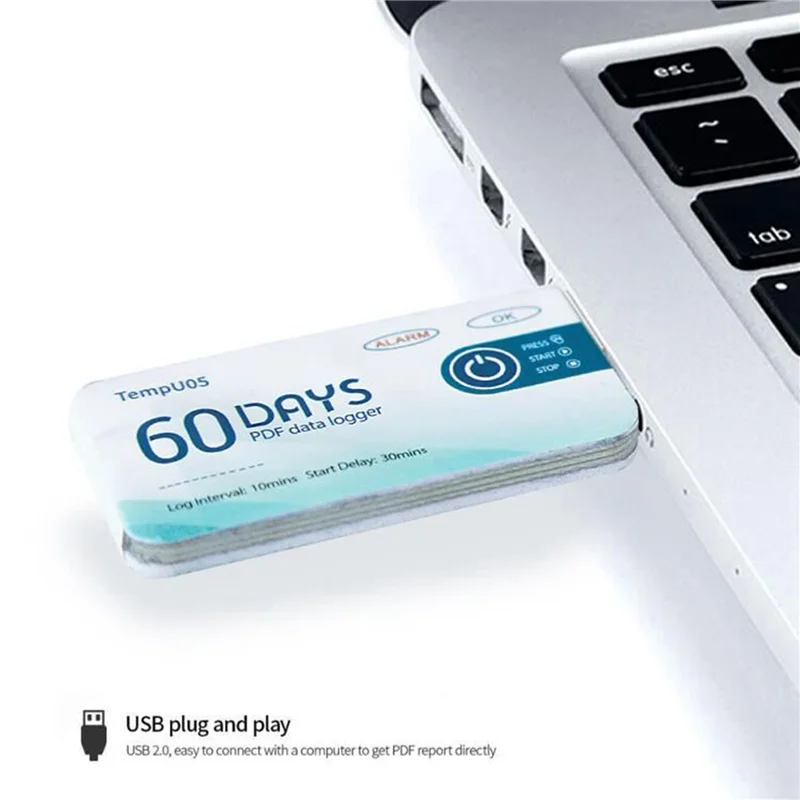 Registrador de datos de temperatura SQPP-8X Tempu05 Registrador de temperatura de informe PDF de 60 días Instrumento de registro de temperatura USB de un solo uso
