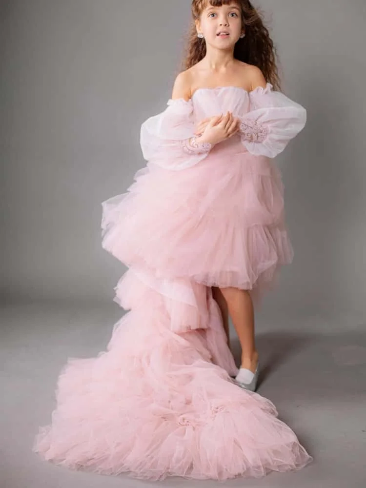 Custom Flower Girl Dresses Detachable Long Lace Sleeve Sweetheart Ruched Top Cascading Tiered Tulle First Communion Baptism