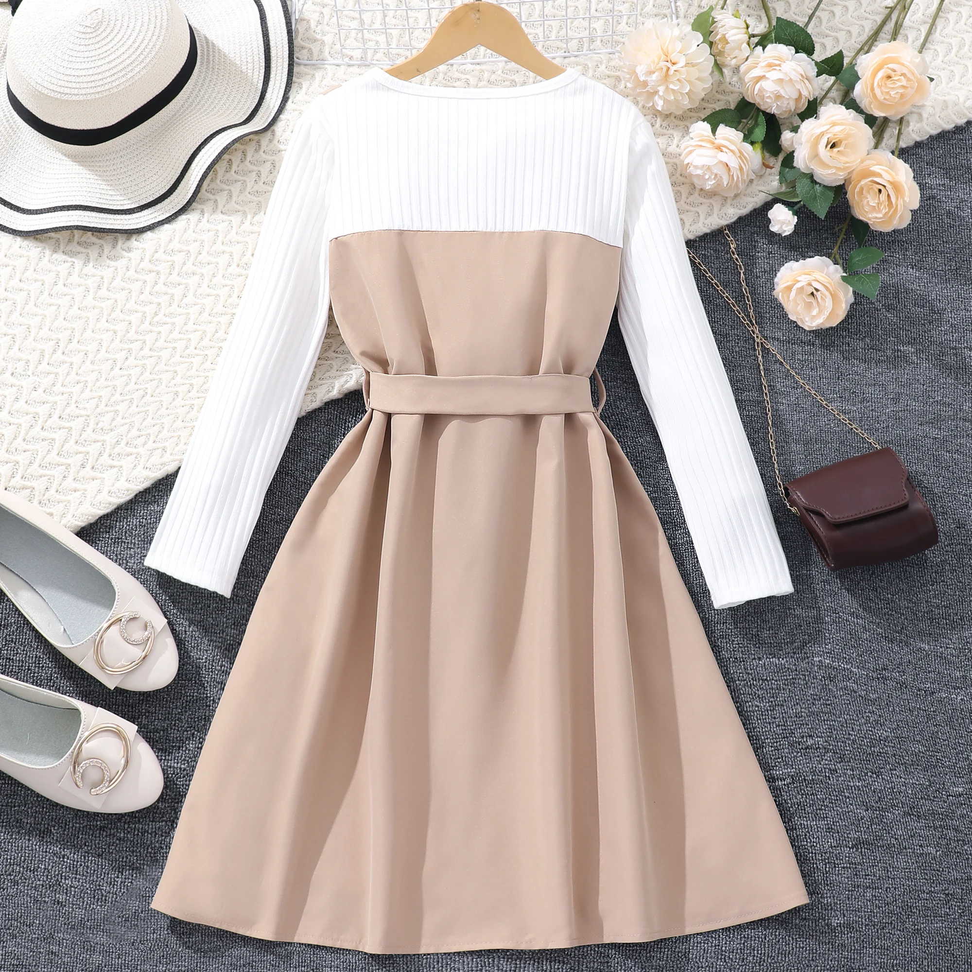 8-12 Yrs Long Dress for Girl Clothes Autumn and Winter Belt Button Khaki Children Long Dress Warm British Vintage Teen Outfit