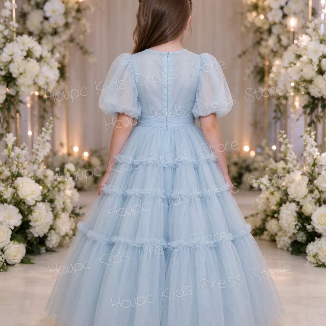 Princess Girl Ice Blue Sheer Flower Girl Dress, Puffy Sleeves Layered Cake Dress, High-Waist Full-Length Gown, Formal Pageant Dr