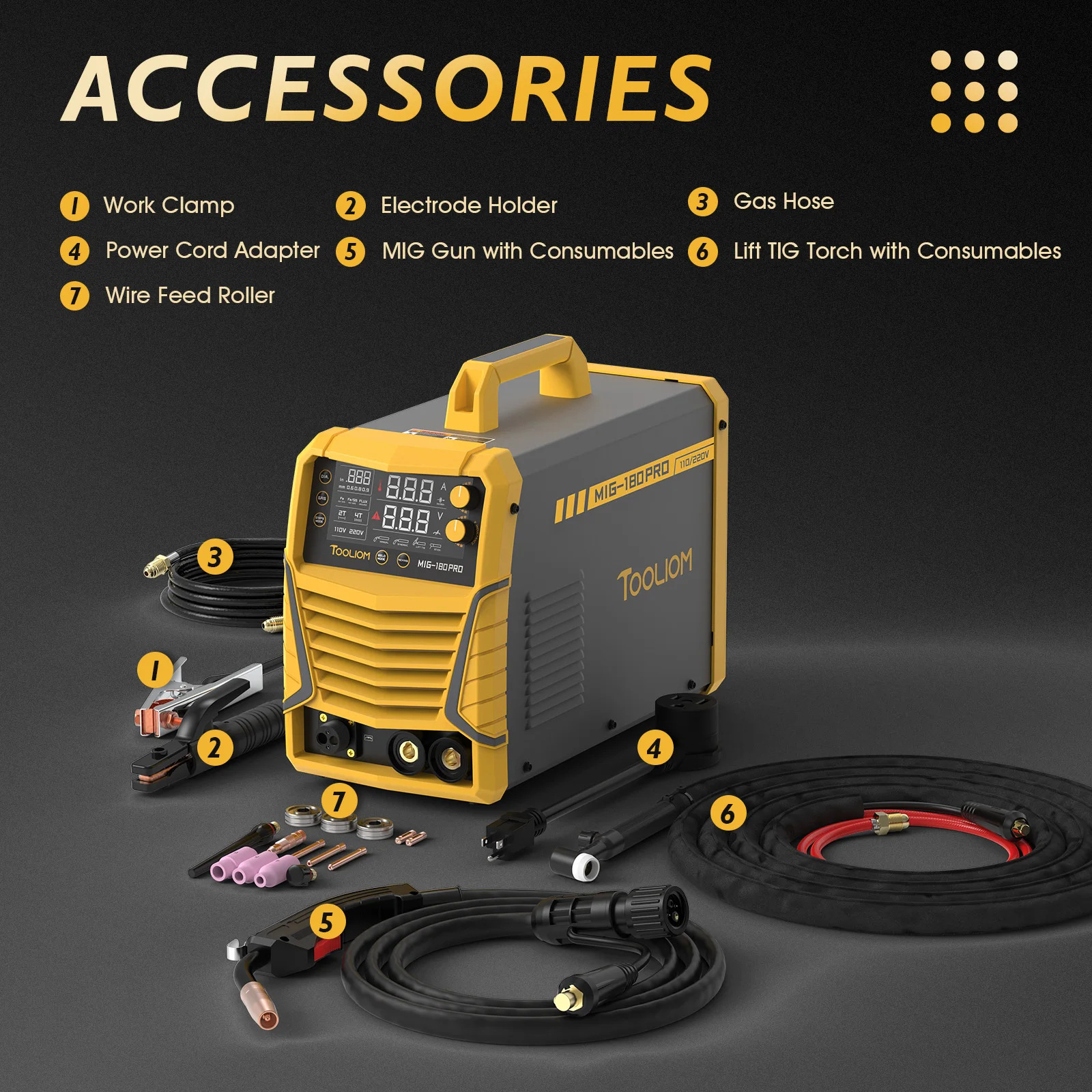 TOOLIOM 4 in 1 MIG溶接機 180A ガスMIG/フラックスMIG/スティック/リフトTIG多機能溶接機 110V/220V リフトTIGトーチ付き