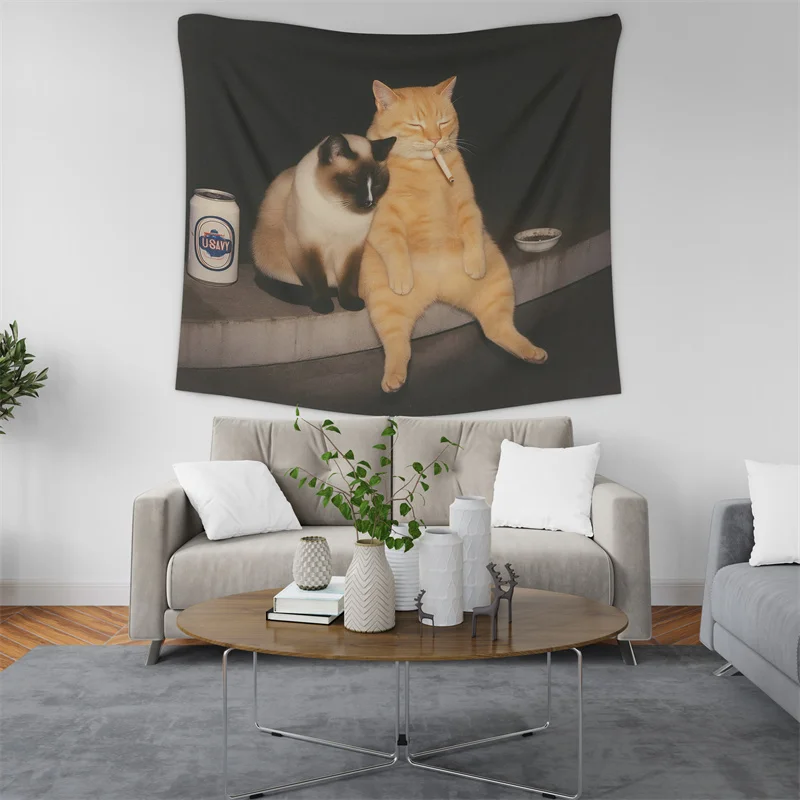 Gaslight Gatekeep Girlboss Funny Smoking Cat Meme Cigarette Tapestry Wall Hanging Art for Bedroom Living Room Decor College