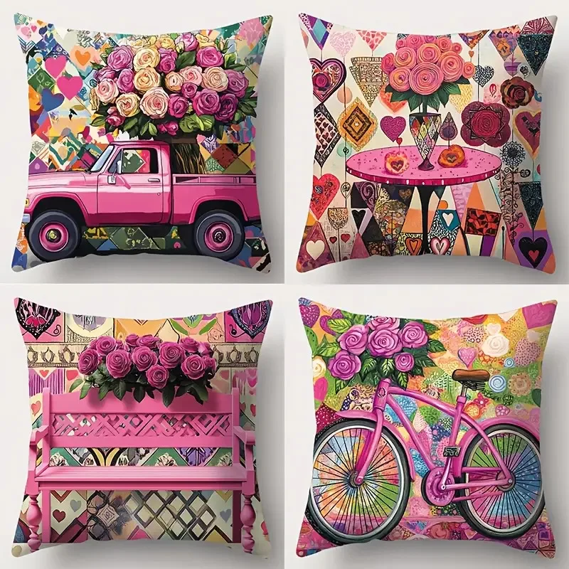 Romantic Pink Truck Pillow Covers, Colorful Patchwork Rose Bicycle Art Decorative Throw Pillow Cases, Home Decor Cushion Covers