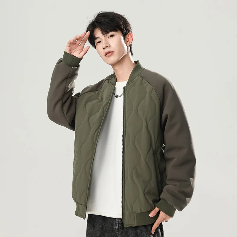 Autumn Winter Man Jacket Contrast Color Patchwork Zipper Male Outerwear Stand Collar Long Sleeve Thicken Windproof Men Coat