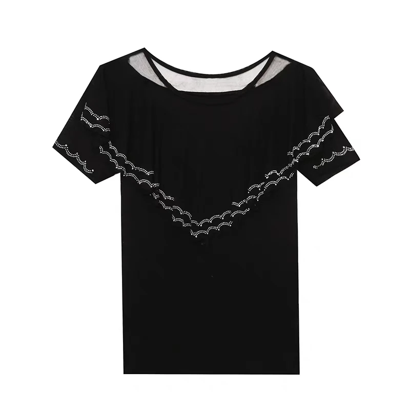 Fashion Summer European Clothes T-Shirt Chic Sexy Ruffles Shiny Diamonds O-Neck Tees Hot Drilling Short Sleeves Elastic Tops