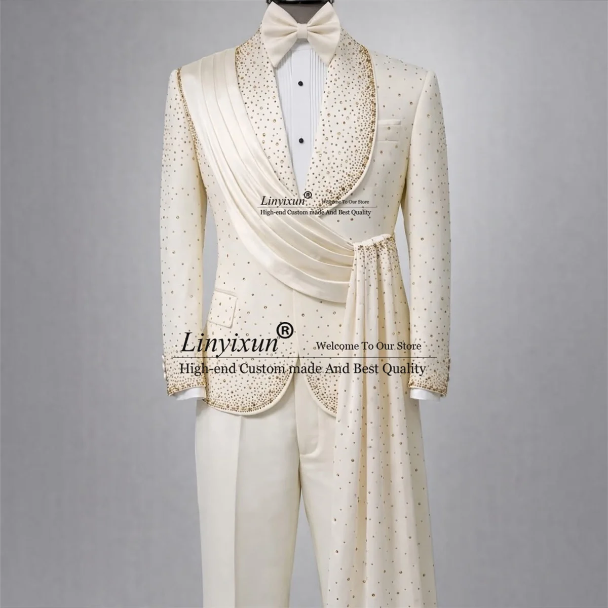 Customized Shiny Beaded Diamond Men Suits Wit Cape Tail Groom Male Blazers 2 Pieces Sets Wedding Party Tuxedos Costume Homme