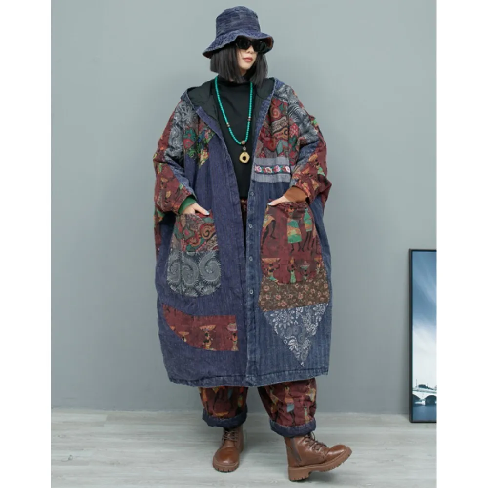 Linen Patchwork Bat Sleeves Hooded Clip Cotton Warm Cardigan Cotton Coat + Pant Two Piece Set Women Winter ZF417