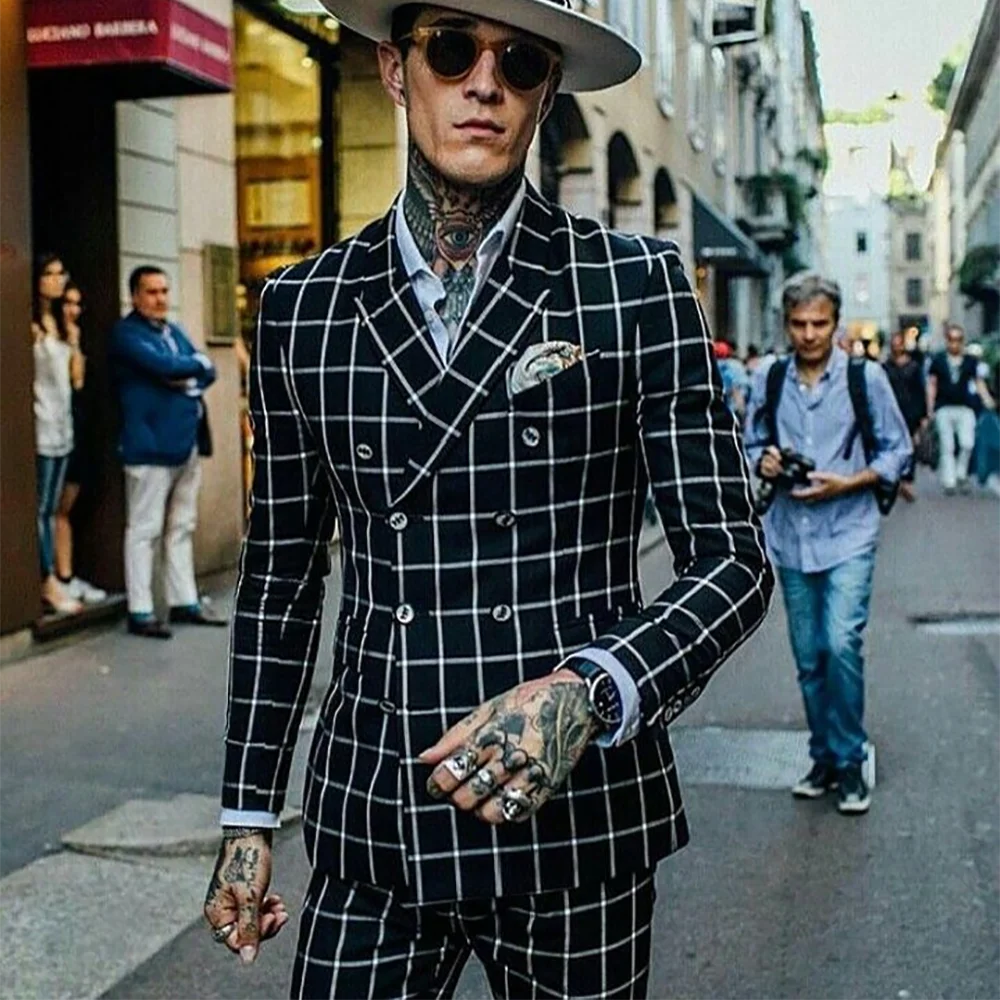 

Black Plaid Luxury Men Suit Business Casual Double Breasted Slim Formal Outfit Two Piece Costume Tailor-Made Jacket with Pants