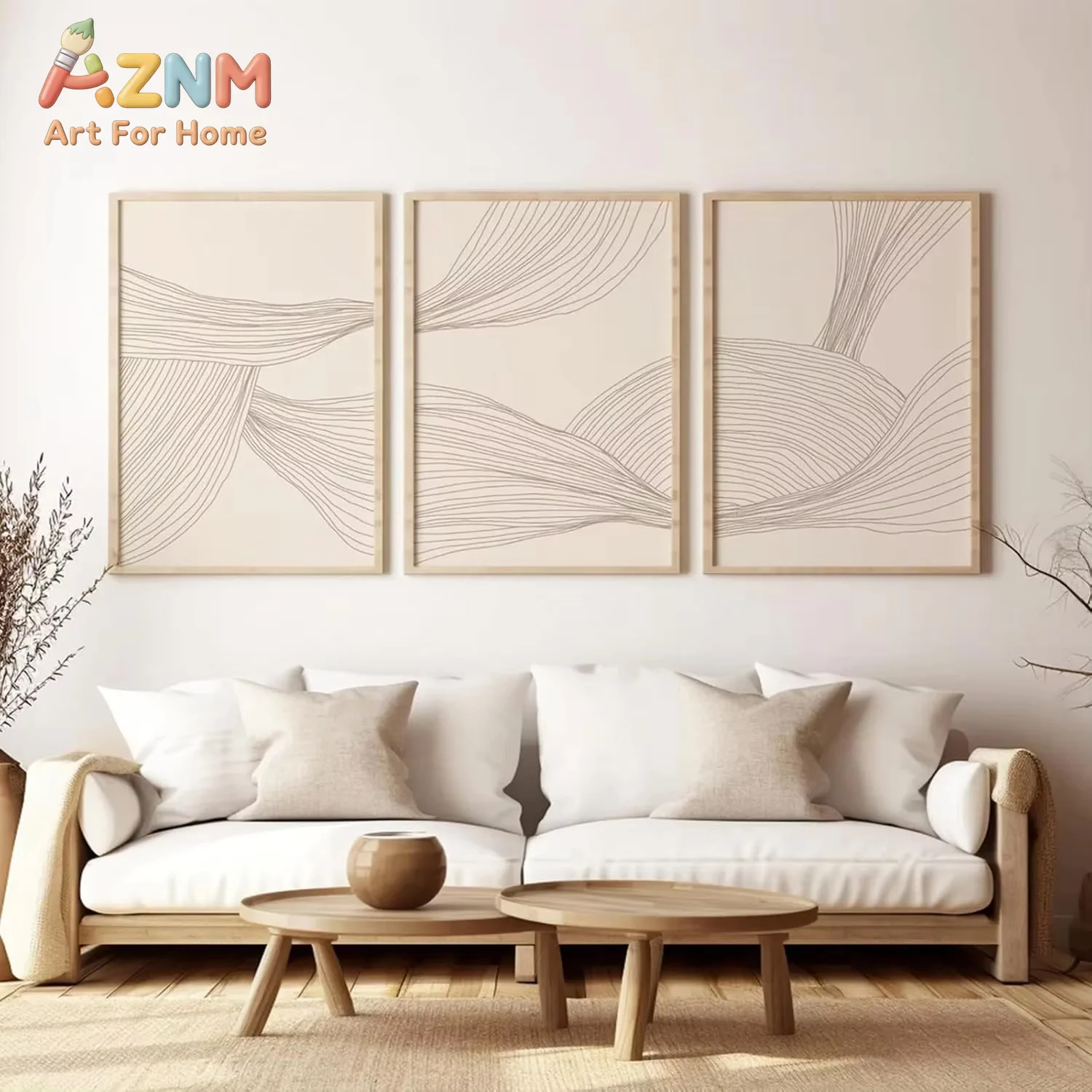 AZNM 3 Pcs Modern Abstract Wall Arts Beige Bohemian Canvas Mid-Century Piece Posters Geometric Line Printed Painting
