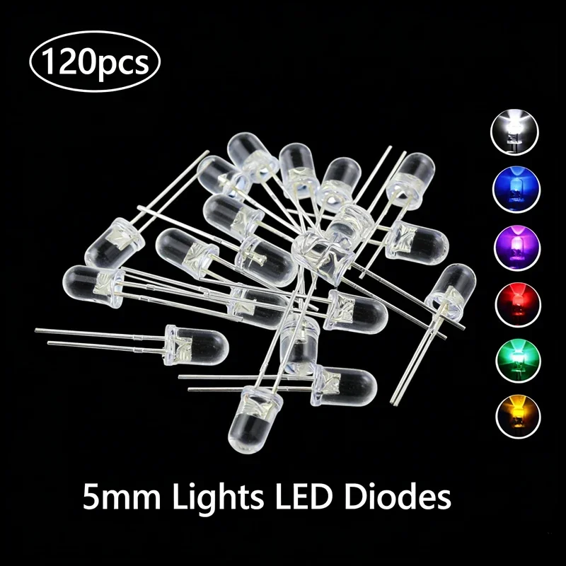 120Pcs 5mm LED Diodes, 6 Colors 20Pcs Per Color, Transparent Lens Light Emitting Diode Combo Kit, Indicator Lights