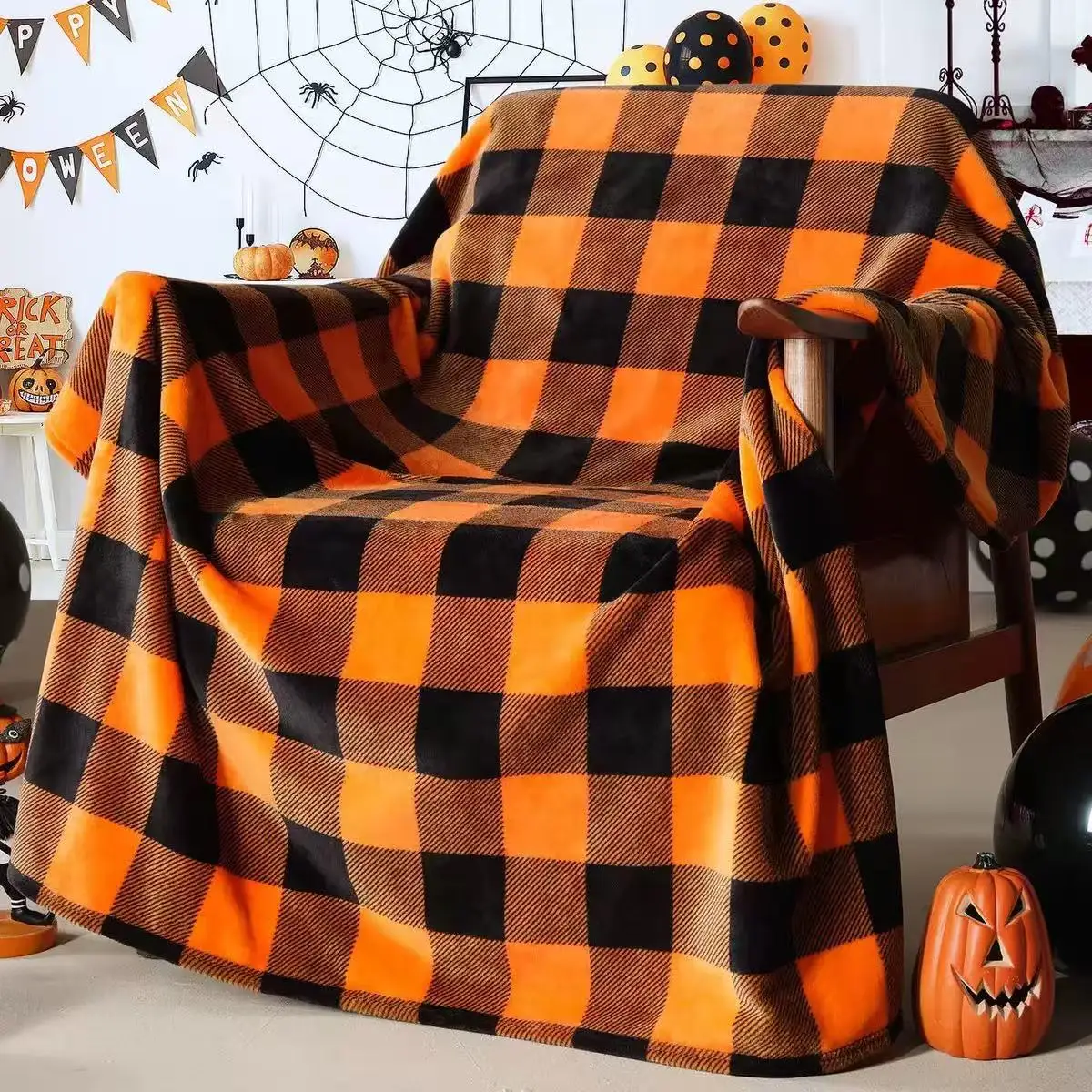 Throw Blanket Orange Black Buffalo Plaid Checked Pattern Cozy Bed Couch Blankets Halloween Holiday Party Decor Gift Blanket