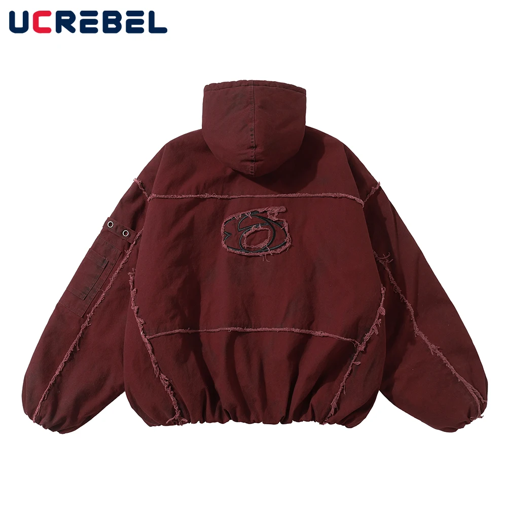 Distressed Spliced Padded Jacket Mens Embroidery Winter Thick Hip Hop Streetwear Hooded Long Sleeve Quilted Jacket Men