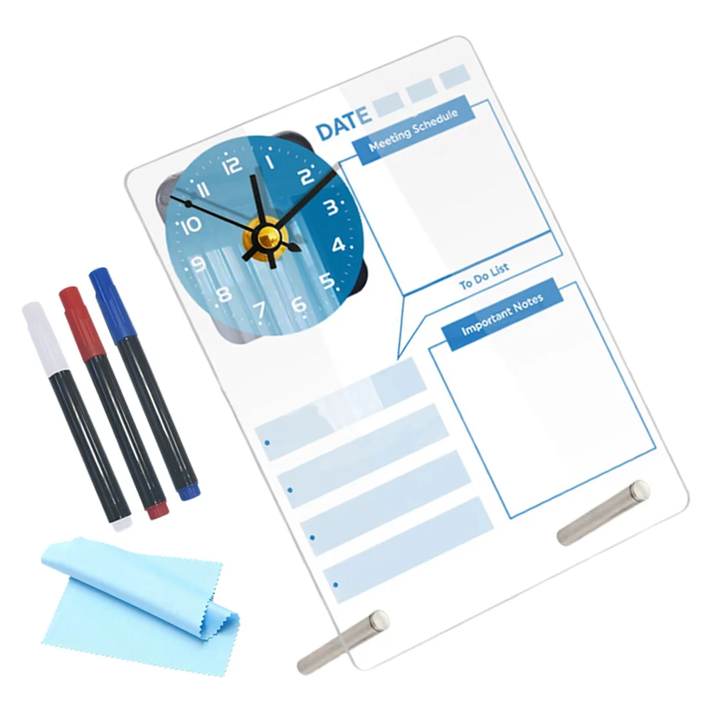 1セット 1セット スタンド式メモ 2-in-1 時計付き ホワイトボード ポータブル 卓上プランナー アクリル製 メッセージボード デスク オフィス 勉強用