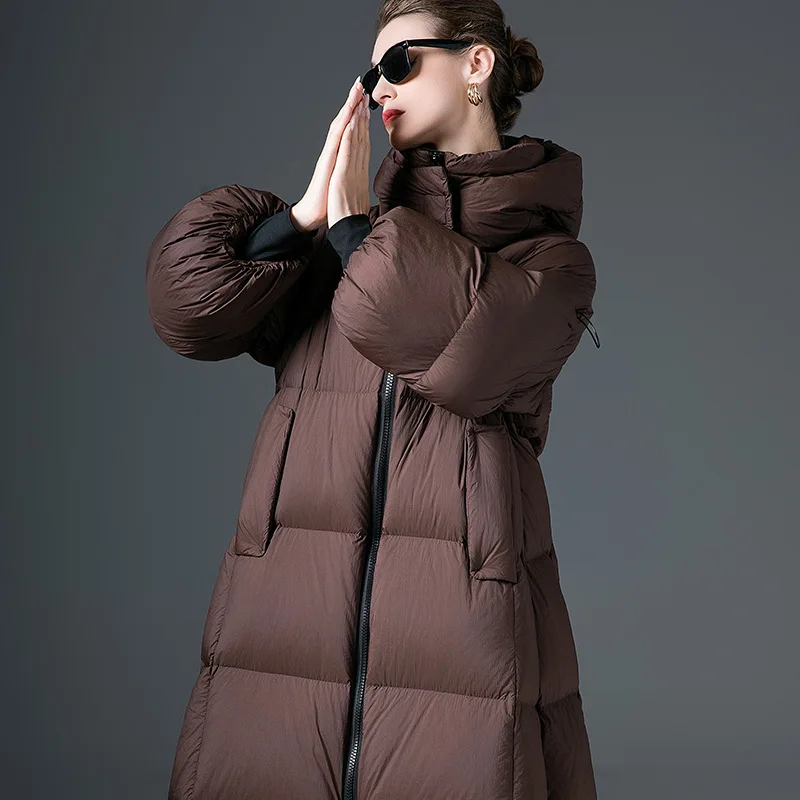 Luxury High Quality Winter Down Jacket Women A-line White Duck Down Puffer Jacket Thicken Long Coat Hooded Windproof Trench Coat