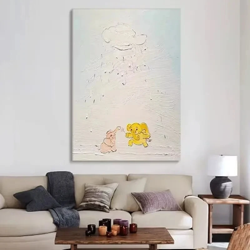 

Handmade Abstract Texture Oil Painting,Cute Elephant,Children's Room Dining Room Modern Wall Art Decor,Hanging Image for Bedroom