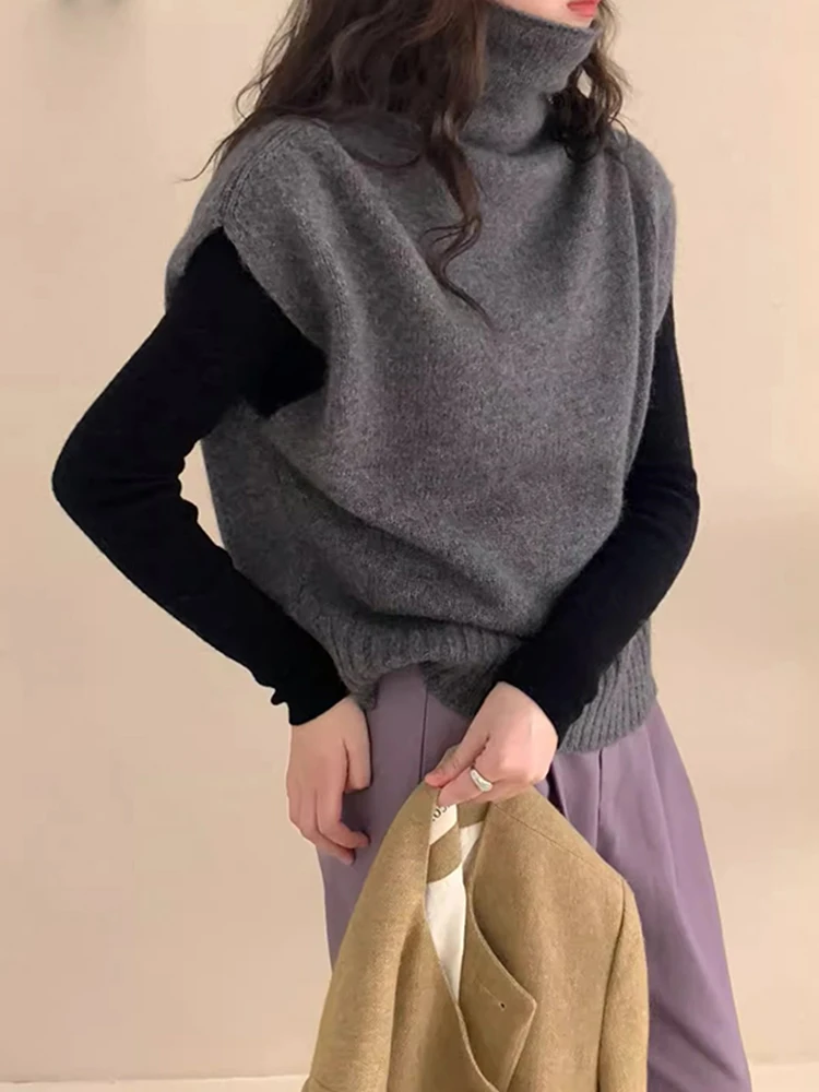 

Эффект похудения, однотонный вязаный жилет с высоким воротником, женский жилет Camere Base irt, морской легкий, осенне-зимний, новый Sle