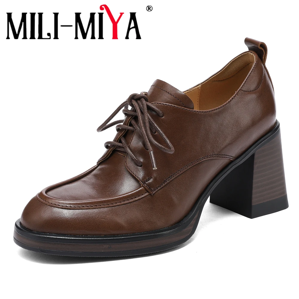 MILI-MIYA Ladies' Classic Round-Toe Full-Leather Chunky-Heel Pumps Solid-Colour Lace-Up Design with Non-Slip Sole Available in