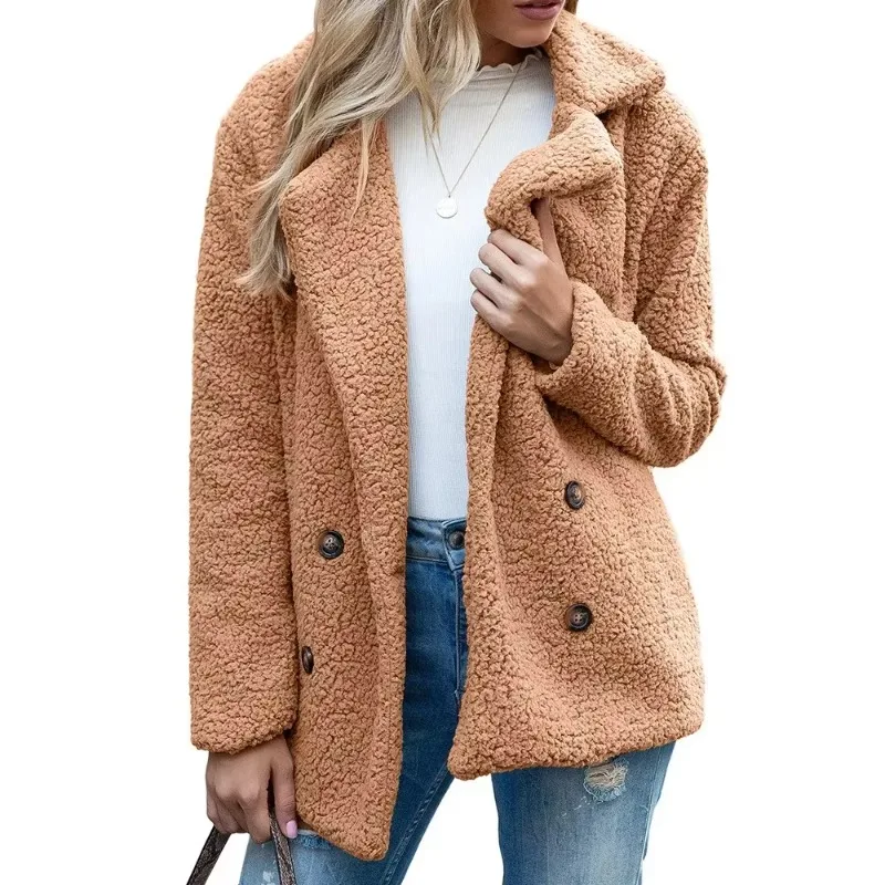 

Streetwear Autumn Winter Long Sleeve Buttons Faux Fleece Coat Open Front Jacket Women Casual Warm Lapel Oversized