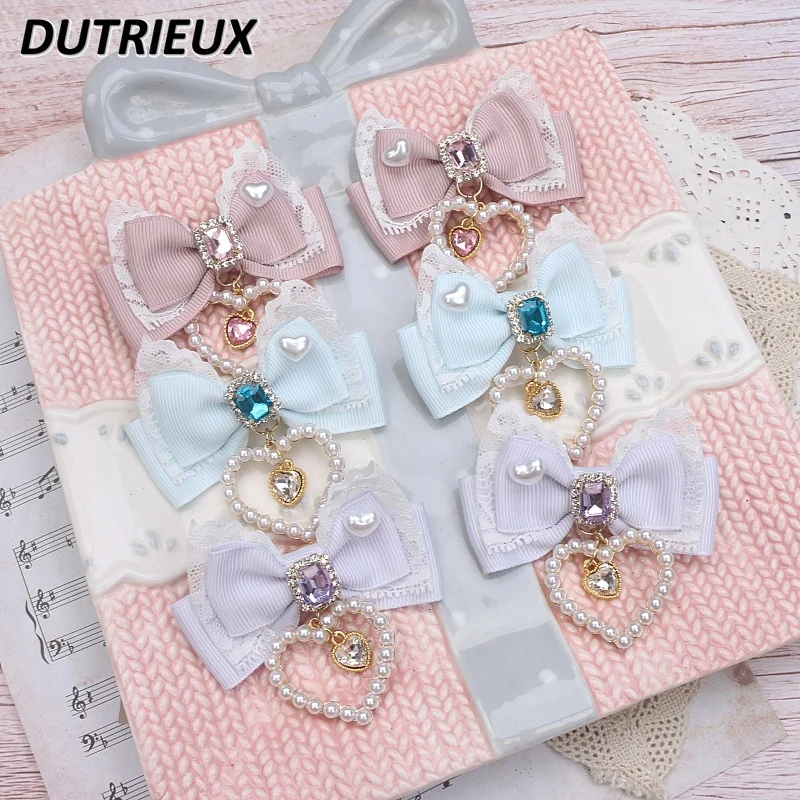 Japanese Style Mine Mass-Produced Headdress Bow Lace Pearl Heart Pendant Barrettes Side Clip Hair Accessories for Women