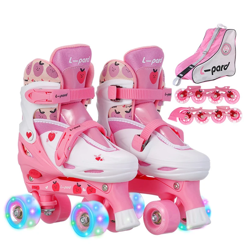 Kids Roller Skate Shoes With Knee Elbow Pads Helmet Beginner Double Row Inline 2 In 1 Sneakers Boys Girls Flash 4 Wheels Skates