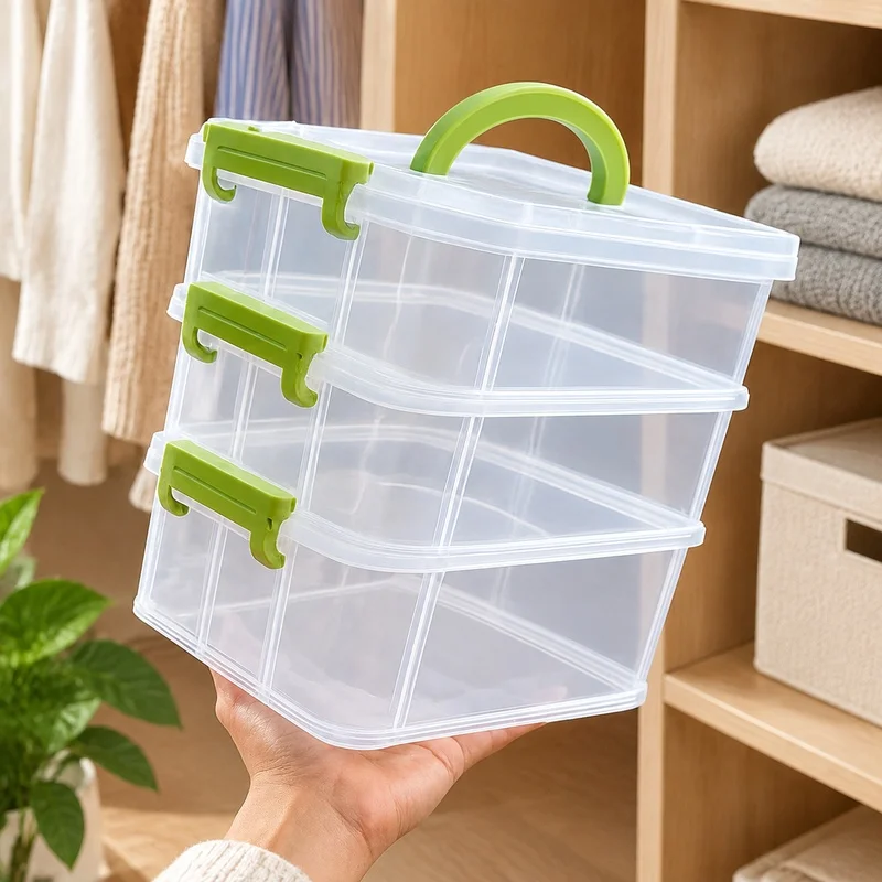 Transparent Multi-Section Storage Box with Four Divided Layers, Compact Organizer for Small Toys and Building Pieces