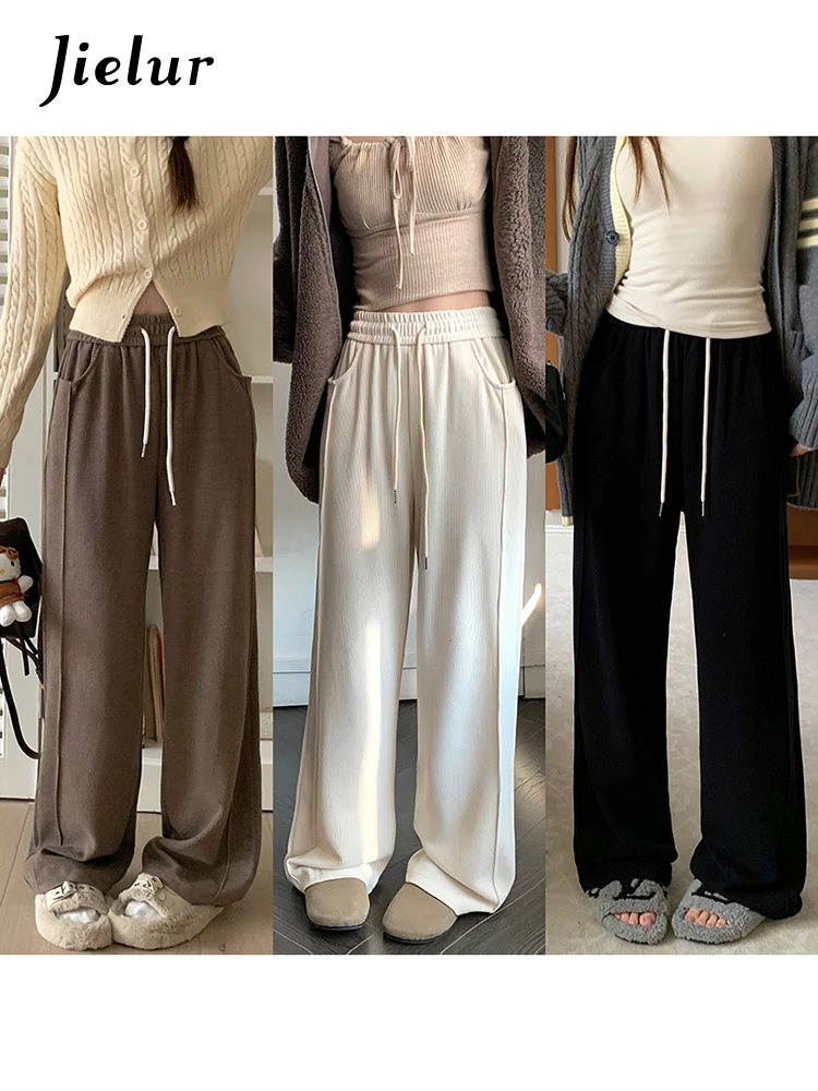 Jielur Spring New Women's Vertical Pattern Casual Pants Korean Casual Front Pleated Pocket Women Solid Color Straight Leg Pants