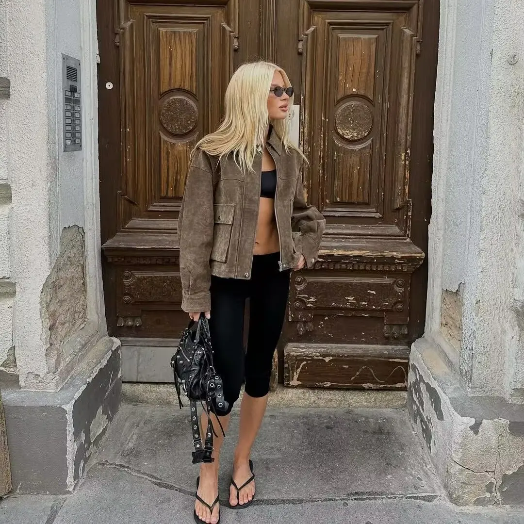 

Faionable Suede Jaet Coat Design Straight Cut Warmth Women's Universal Zipper Long Sve Collar Pure Color Winter O...