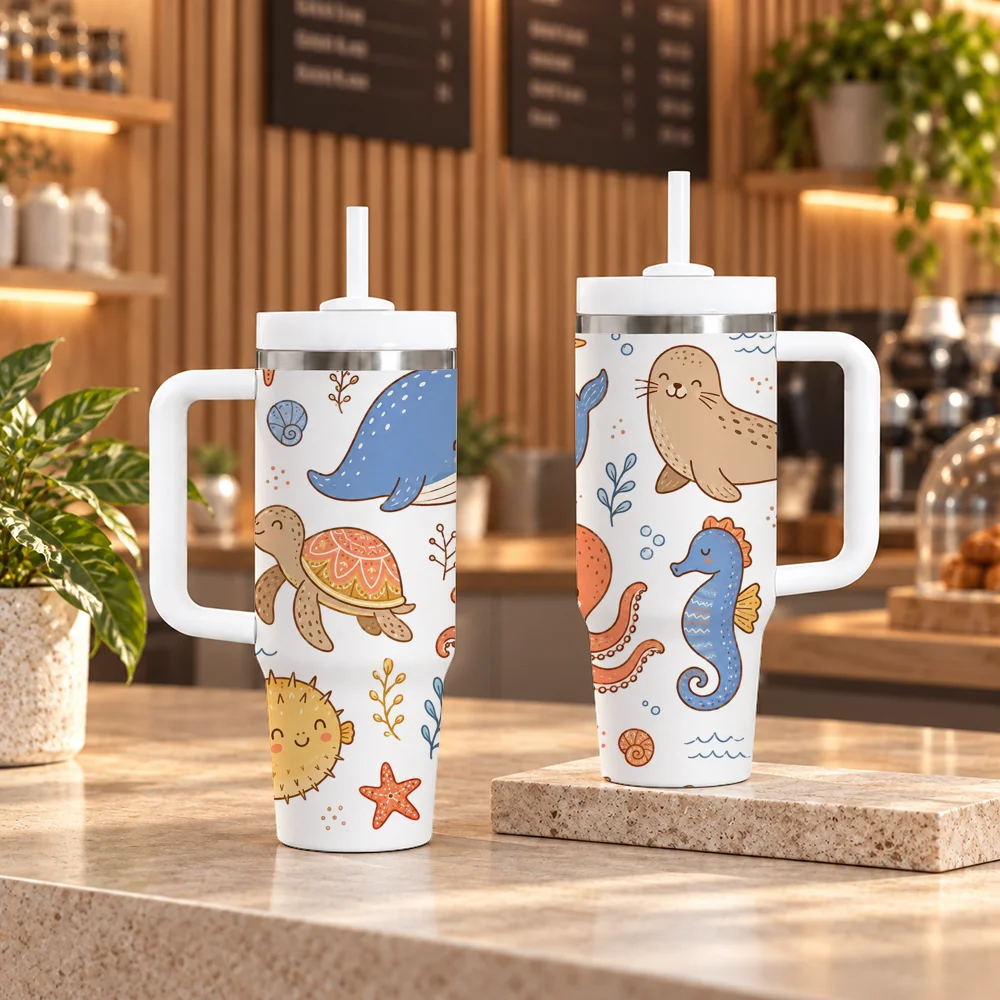 Cute Animal Kids Collection Vacuum Flasks 40oz em Aco Inoxidavel com Alca e Canudo, Caneca de Viagem a Prova de Vazamentos