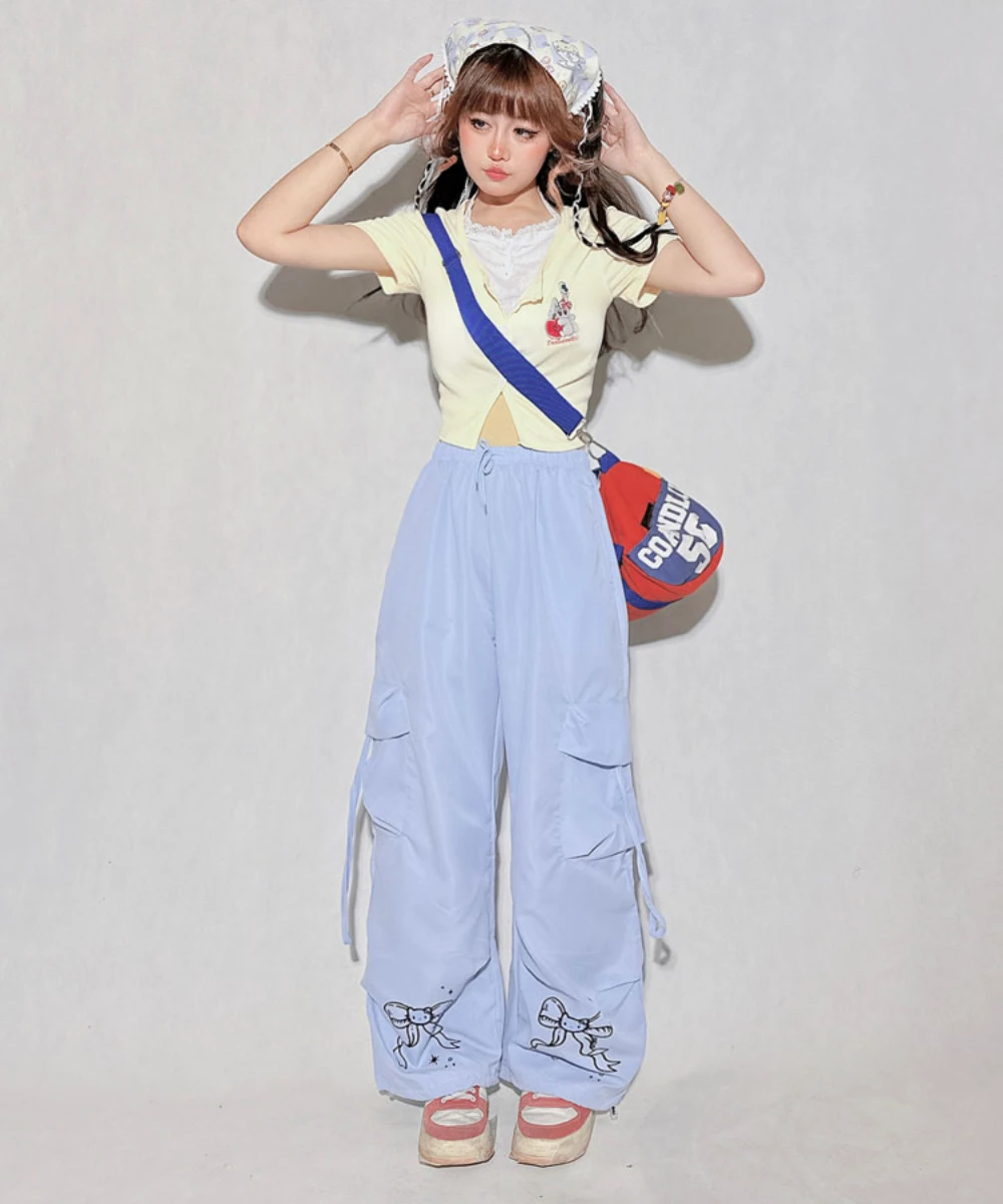 Preppy Butterfly Print Student Blue Casual Trousers Women Streetwear Fashion Loose Slim Wide Leg Pants Autumn New Cargo Pants