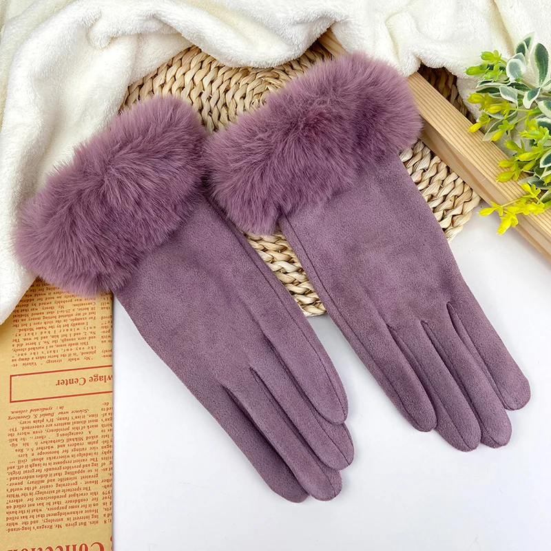 Winter Elegant Women\'s Gloves Touch Screen Velvet Thickened Gloves Rabbit Fur Women\'s Warm Mittens Glove