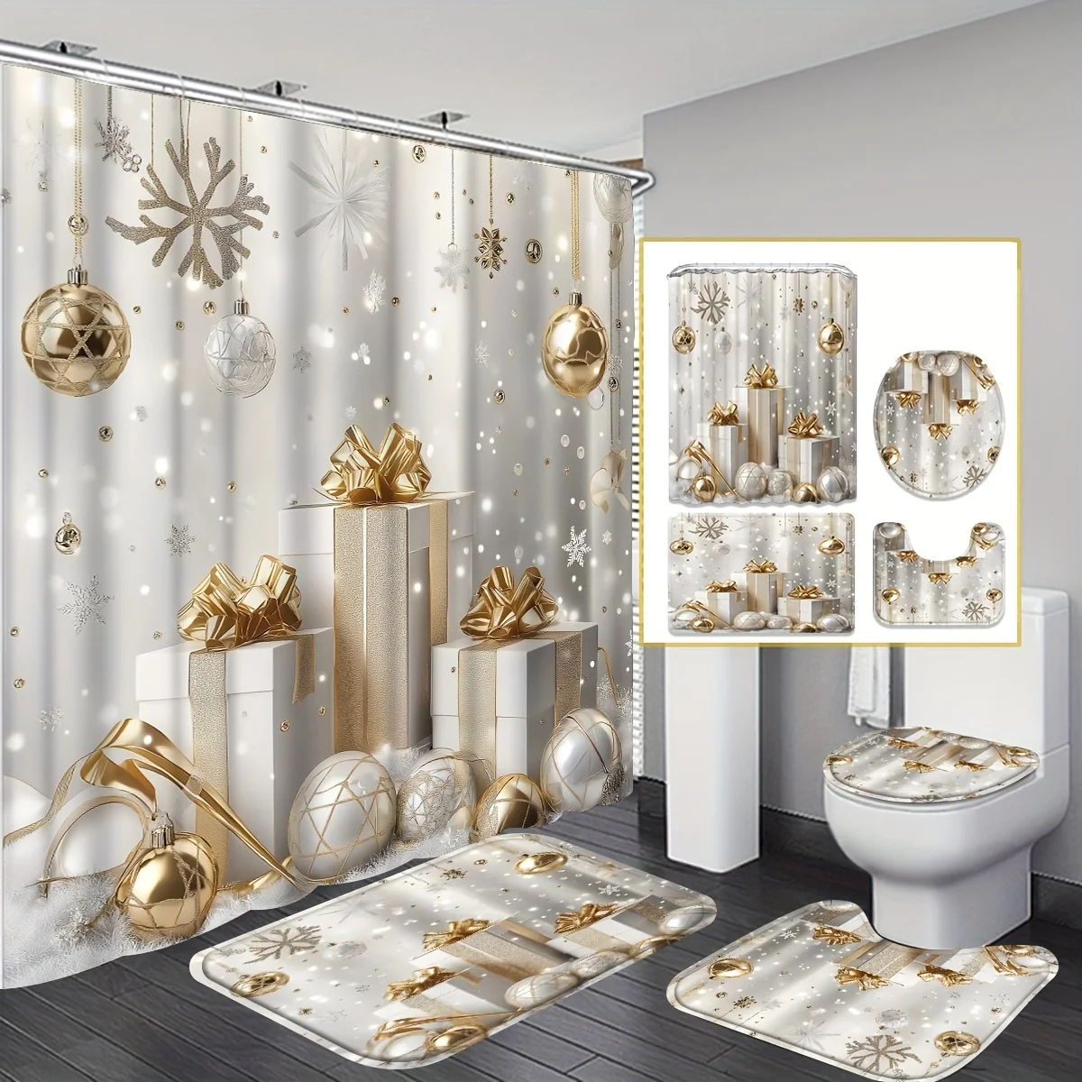 Golden Christmas Shower Curtain Set with Bath Mat, Toilet Lid Cover and 12 Hooks, Ideal Holiday Bathroom Decor