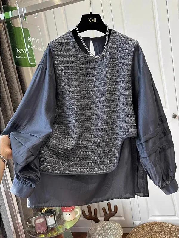 

plus Size 300 Pou Long Sve irt Women's Loose Casual round Ne Splice Inner Wear Autumn Winter Comfortable Top