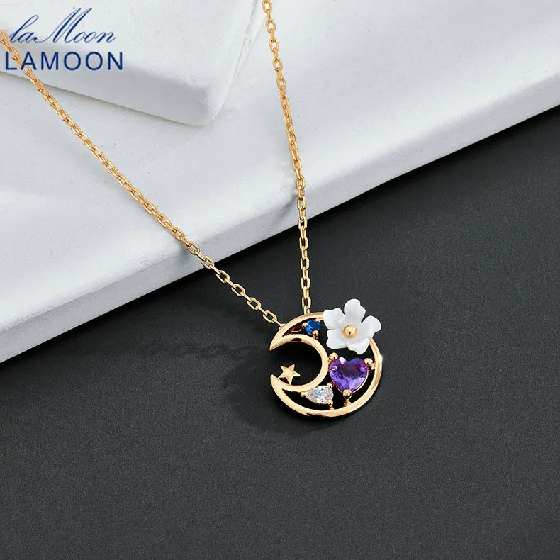 

LAMOON Natural Amethys Blue Topaz Moon Necklace For Women Exqusite Shell Flower 925 Sterling Silver Gold Vermeil Fine Jewelry